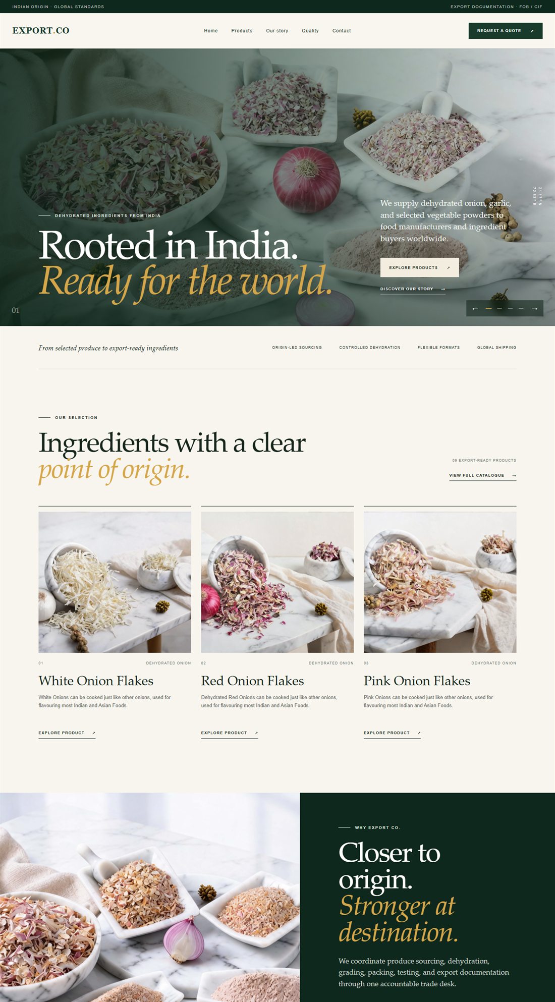 Homepage of a dehydrated food exporter website