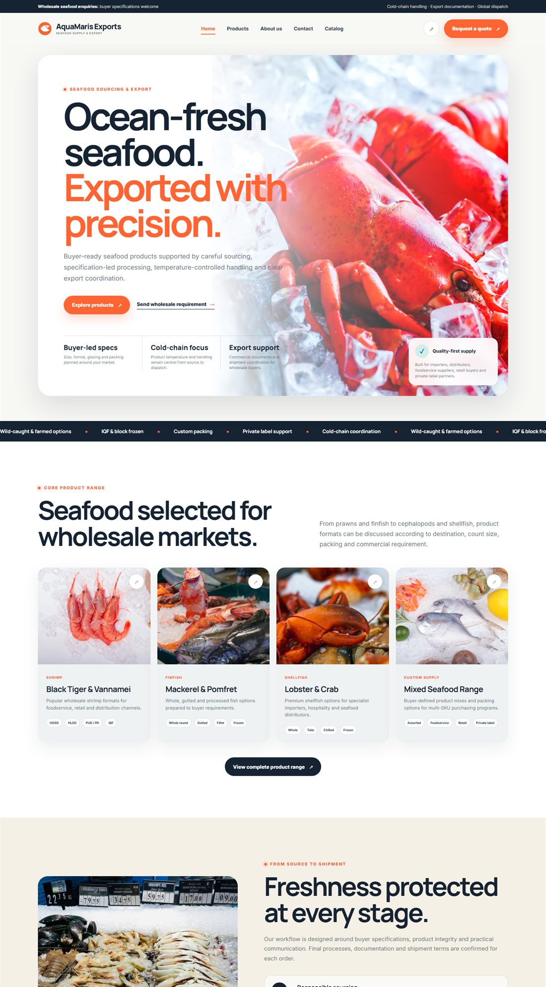 Homepage of a seafood exporter website