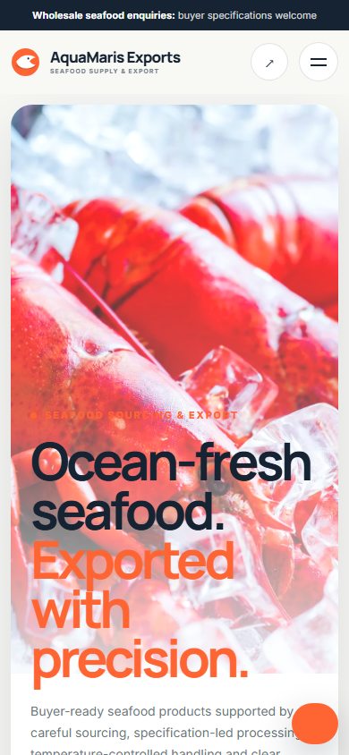 Seafood exporter website designed by Khoob Studio, shown on a phone